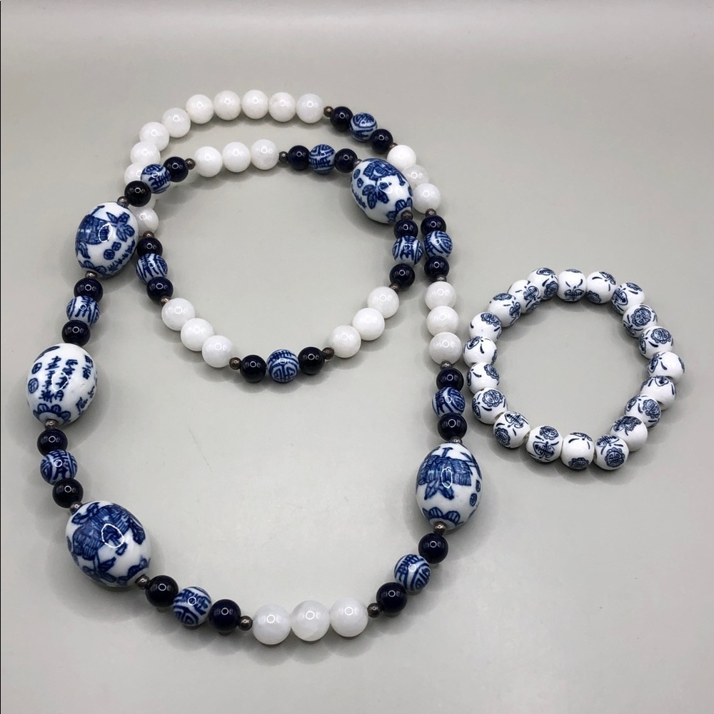 Vintage Chinese Ceramic Bead Necklace with Stones/Gemstones Free Bracelet